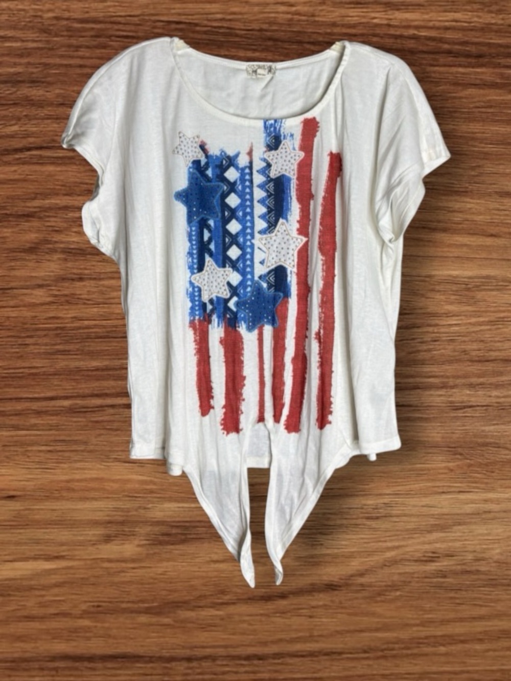 One World 1X Patriotic American Flag Rhinestone Tie Front Top Heather Oatmeal